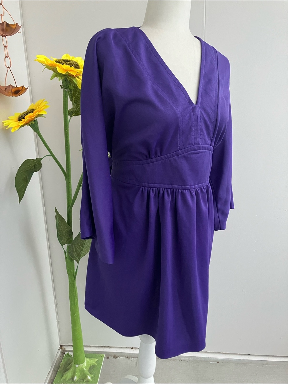 Vintage 60s 70s Empire Waist Babydoll 3/4 Length Sleeve Royal Purple Blouse